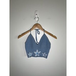 Y2K Fairy Babydoll Coastal Boho Festival Starfish Knit Tie Top Womens Blue S
